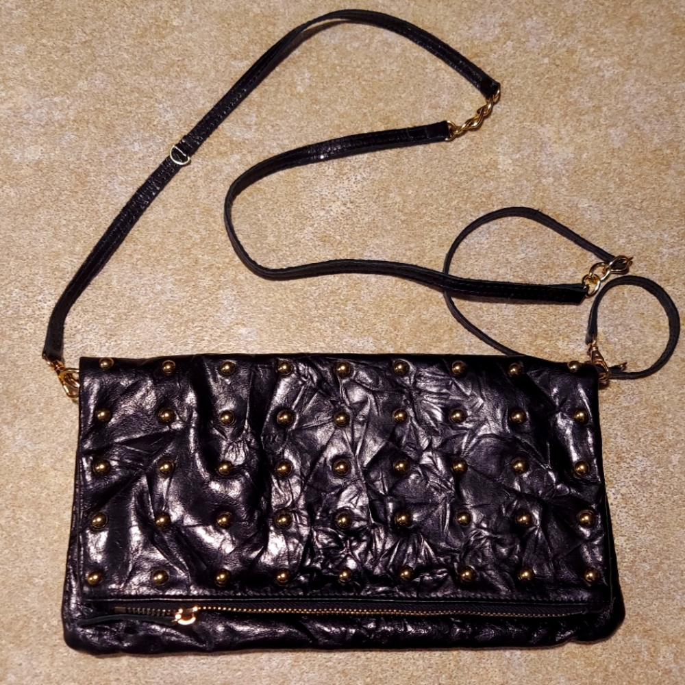 JOSEPH CHARLES FOLDOVER CROSSBODY BLACK LEATHER WITH GOLD STUDS